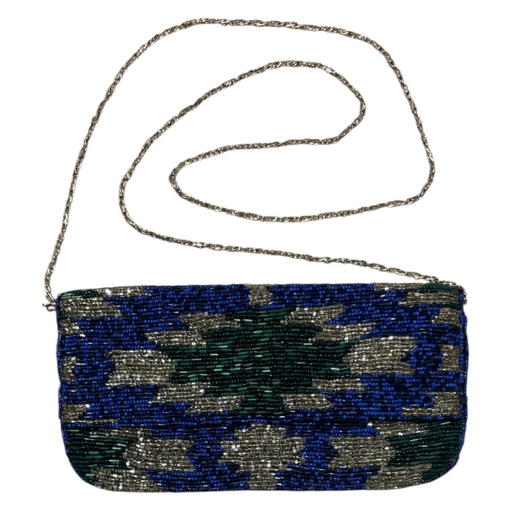 Vintage Beaded Clutch Crossbody Purse Formal Bag Blue Green Metallic Silver - Picture 4 of 16
